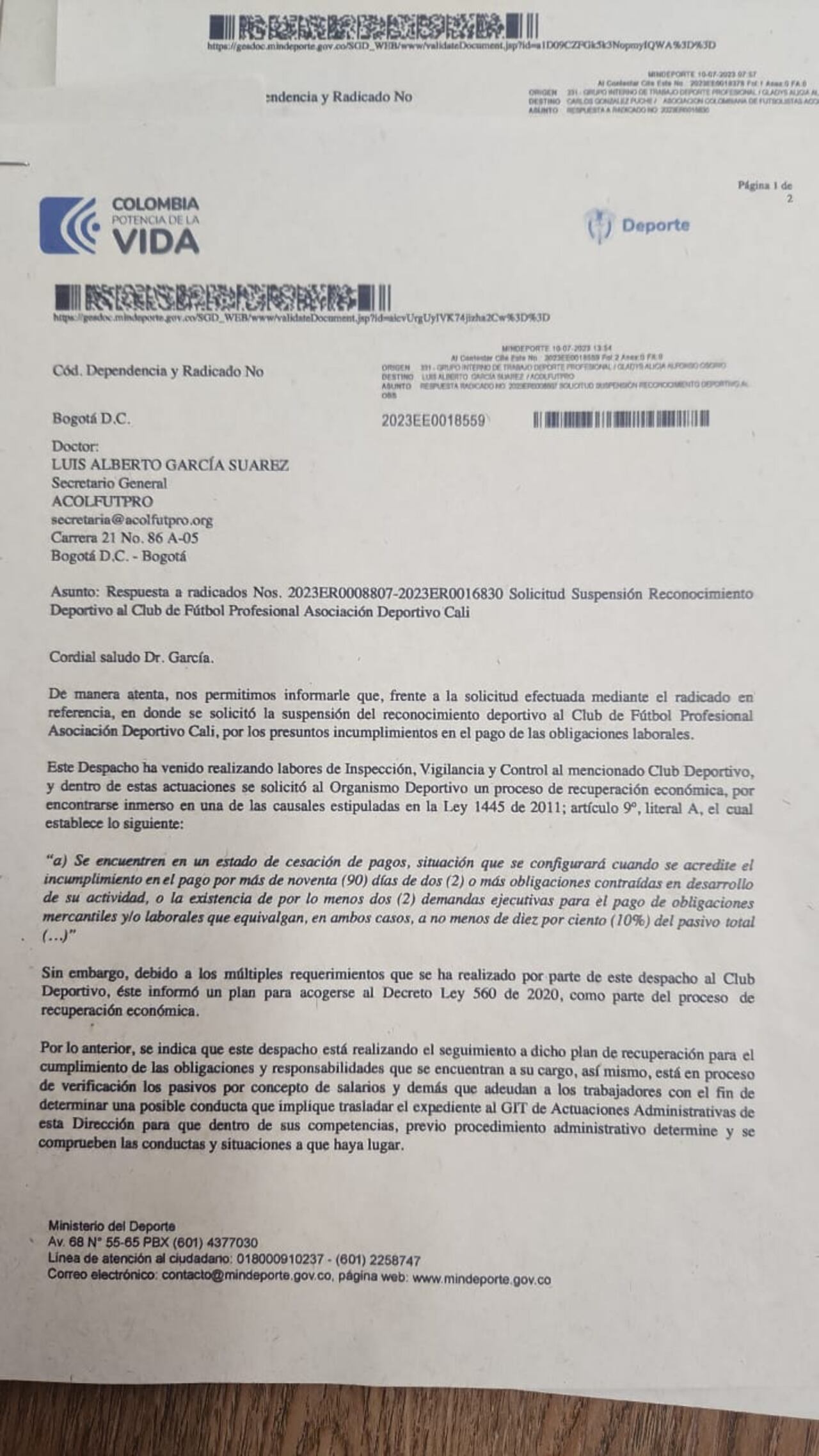 Carta del Ministerio del Deporte al Deportivo Cali.