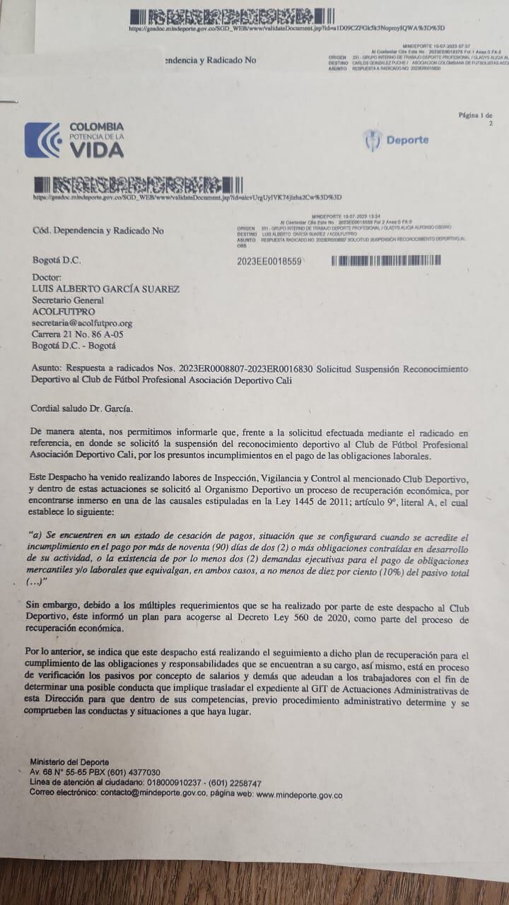Carta del Ministerio del Deporte al Deportivo Cali.