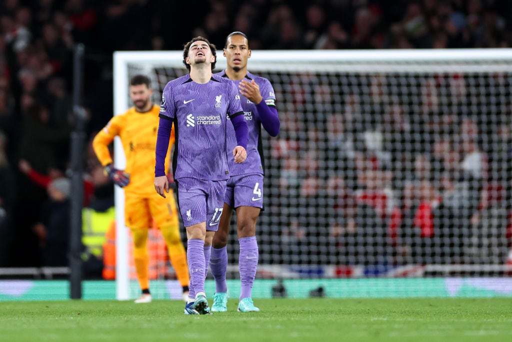LONDON, ENGLAND - FEBRUARY 4: A dejected Curtis Jones of Liverpool during the Premier League match between Arsenal FC and Liverpool FC at Emirates Stadium on February 4, 2024 in London, England. (Photo by Robbie Jay Barratt - AMA/Getty Images)