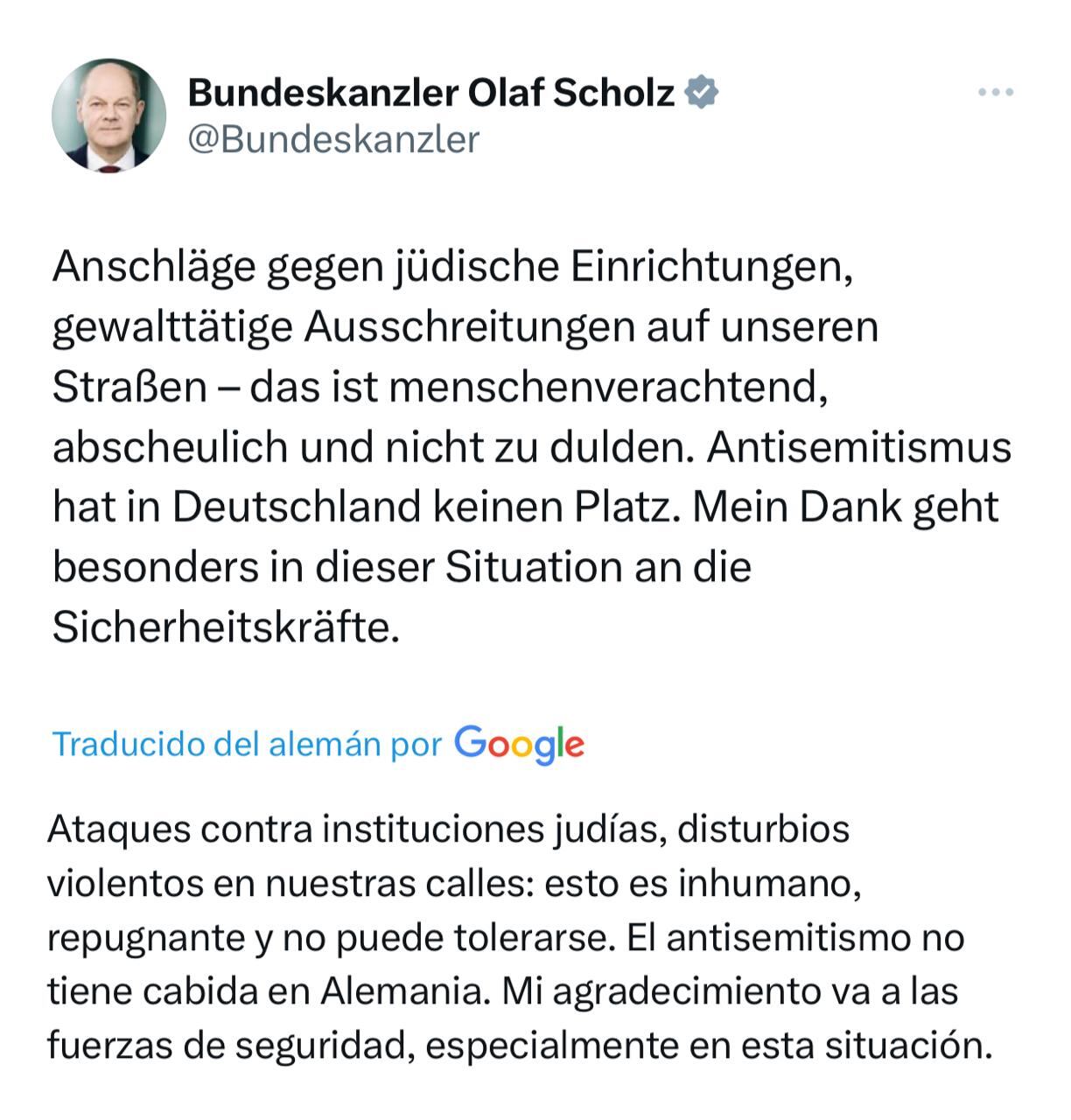 El canciller alemán se refirió a los ataques en su cuenta de Twitter