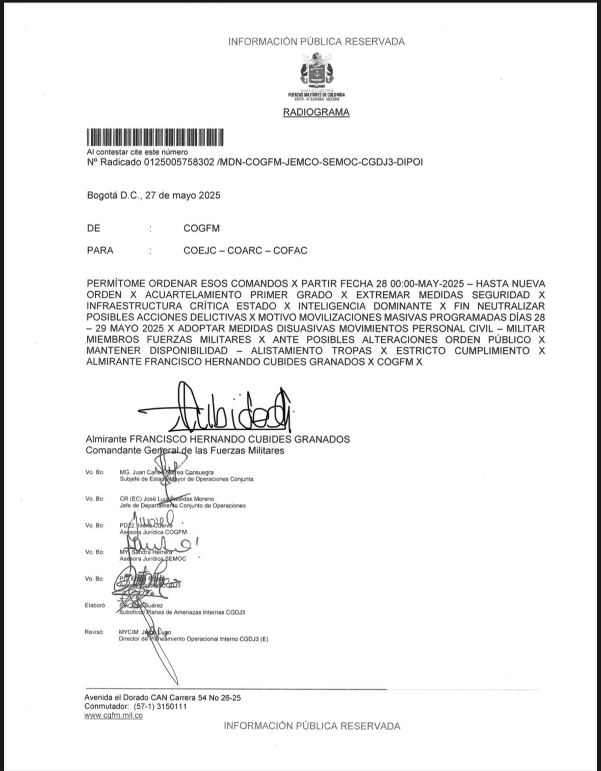 Documento emitido por las Fuerzas Militares por el paro nacional.