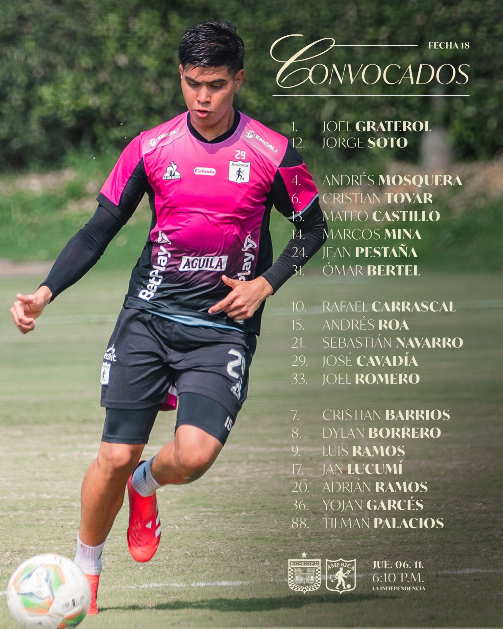 Lista de convocados de América de Cali para el partido contra el Boyacá Chicó.