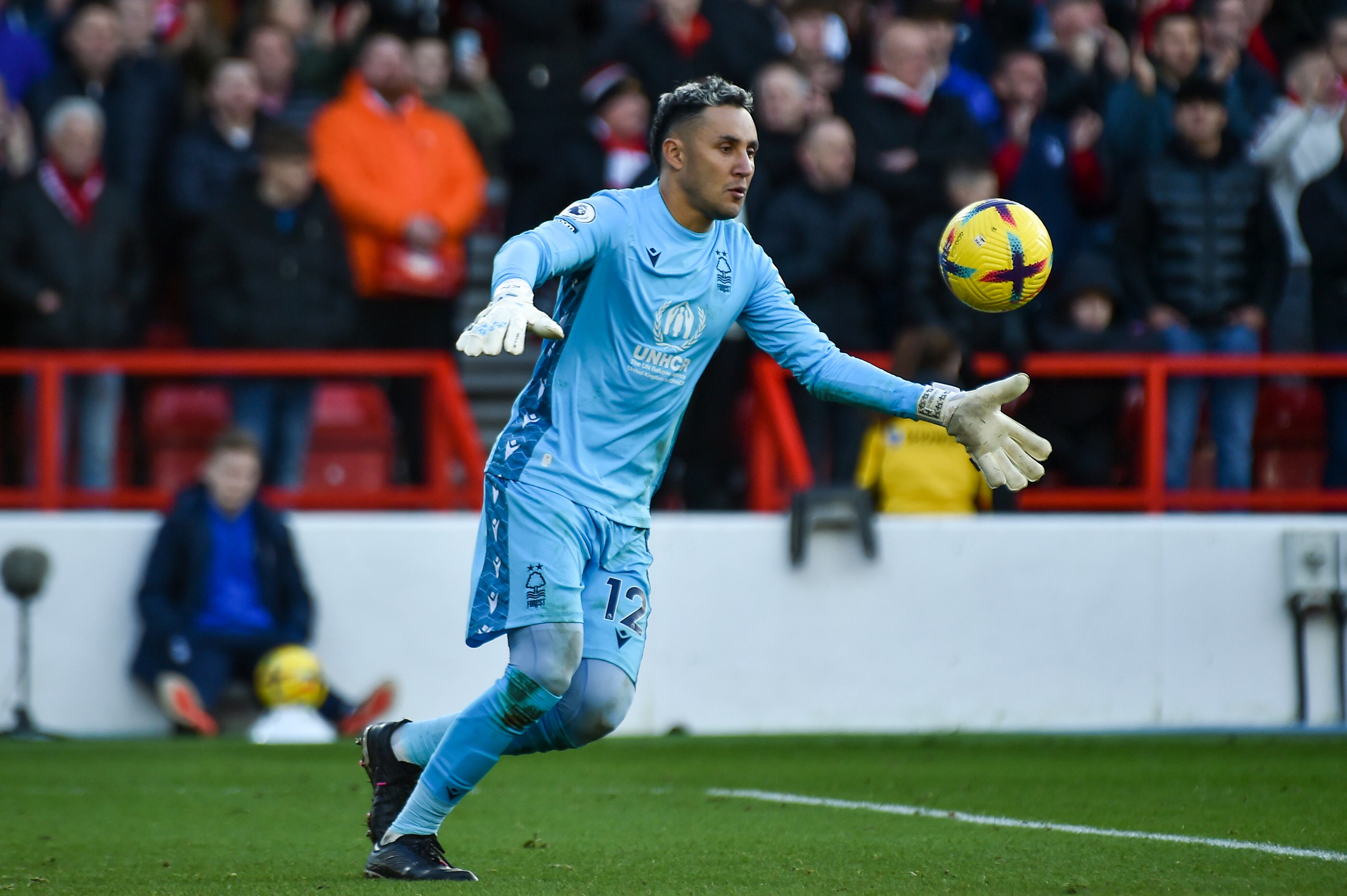 Nottingham Forest's goalkeeper Keylor Navas kicks the ball during the English Premier League soccer match between Nottingham Forest and Leeds United at City Ground stadium in Nottingham, England, Sunday, Feb. 5, 2023. (AP Photo/Rui Vieira)
