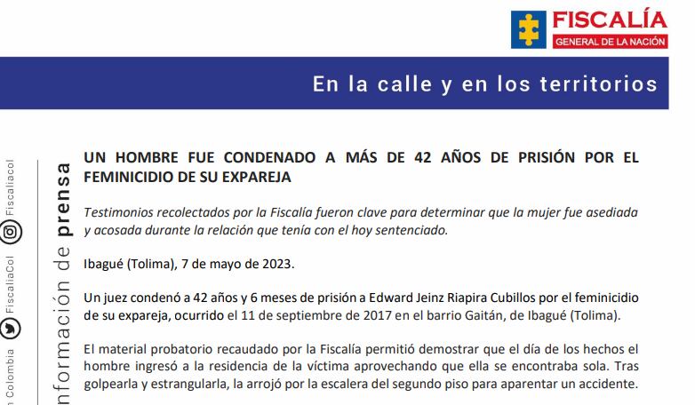 Fiscalía reportó la condena de un hombre a 42 años de prisión por feminicida.