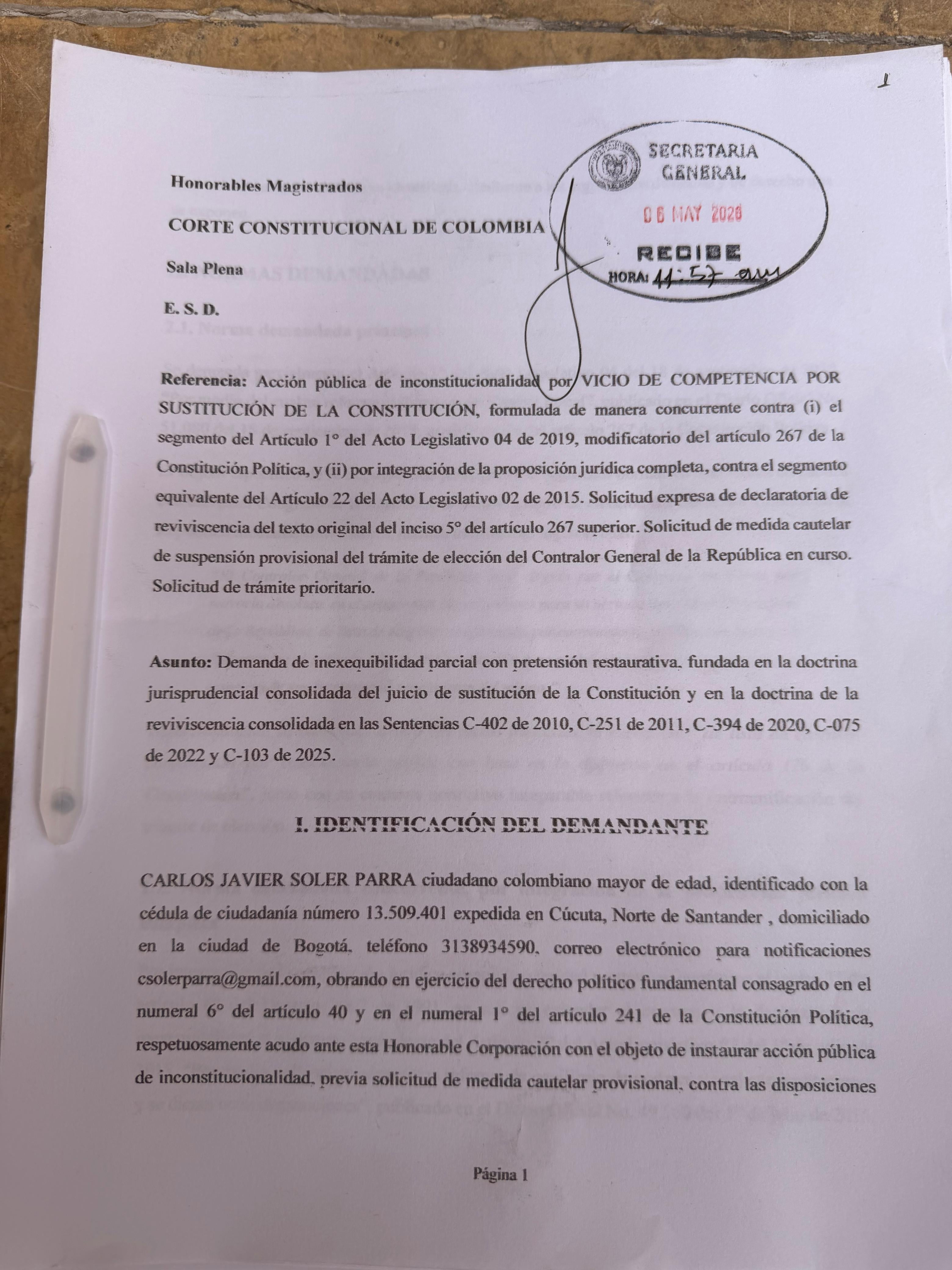 La demanda presentada por el coronel (r) Carlos Javier Soler fue radicada y recibida en la Corte Constitucional.