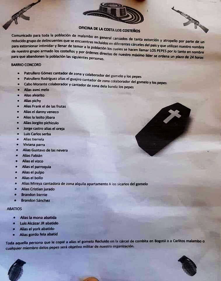 Panfleto amenazante en Malambo.