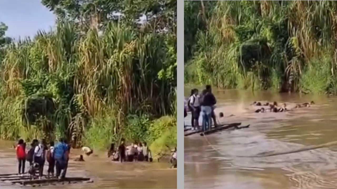 Así cruzan una quebrada estudiantes de Tierralta para llegar al colegio: una balsa terminó hundiéndose