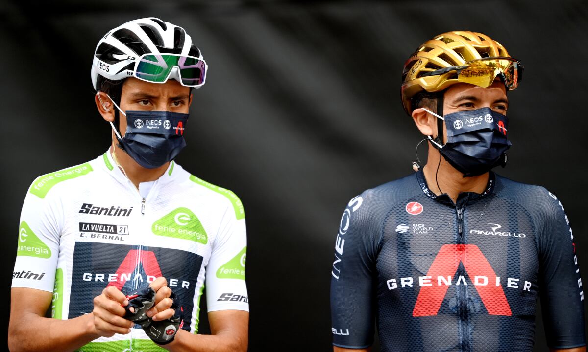 VELEFIQUE, SPAIN - AUGUST 22: Egan Arley Bernal Gomez of Colombia white best young jersey and Richard Carapaz of Ecuador and Team INEOS Grenadiers during the team presentation prior to the 76th Tour of Spain 2021, Stage 9 a 188 km stage from Puerto Lumbreras to Alto de Velefique 1800m / @lavuelta / #LaVuelta21 / on August 22, 2021 in Velefique, Spain. (Photo by Getty Images/Stuart Franklin)