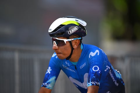 BASSANO DEL GRAPPA, ITALY - MAY 25: Nairo Quintana of Colombia and Movistar Team crosses the finish line during the 107th Giro d'Italia 2024, Stage 20 a 184km stage from Alpago to Bassano del Grappa / #UCIWT / on May 25, 2024 in Bassano del Grappa, Italy.  (Photo by Dario Belingheri/Getty Images)