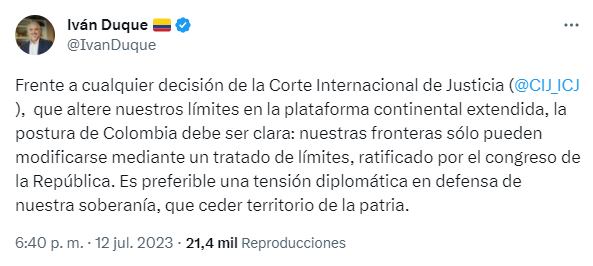 El expresidente fue claro al afirmar que las fronteras de Colombia solo se pueden cambiar a través de un tratado de límites.