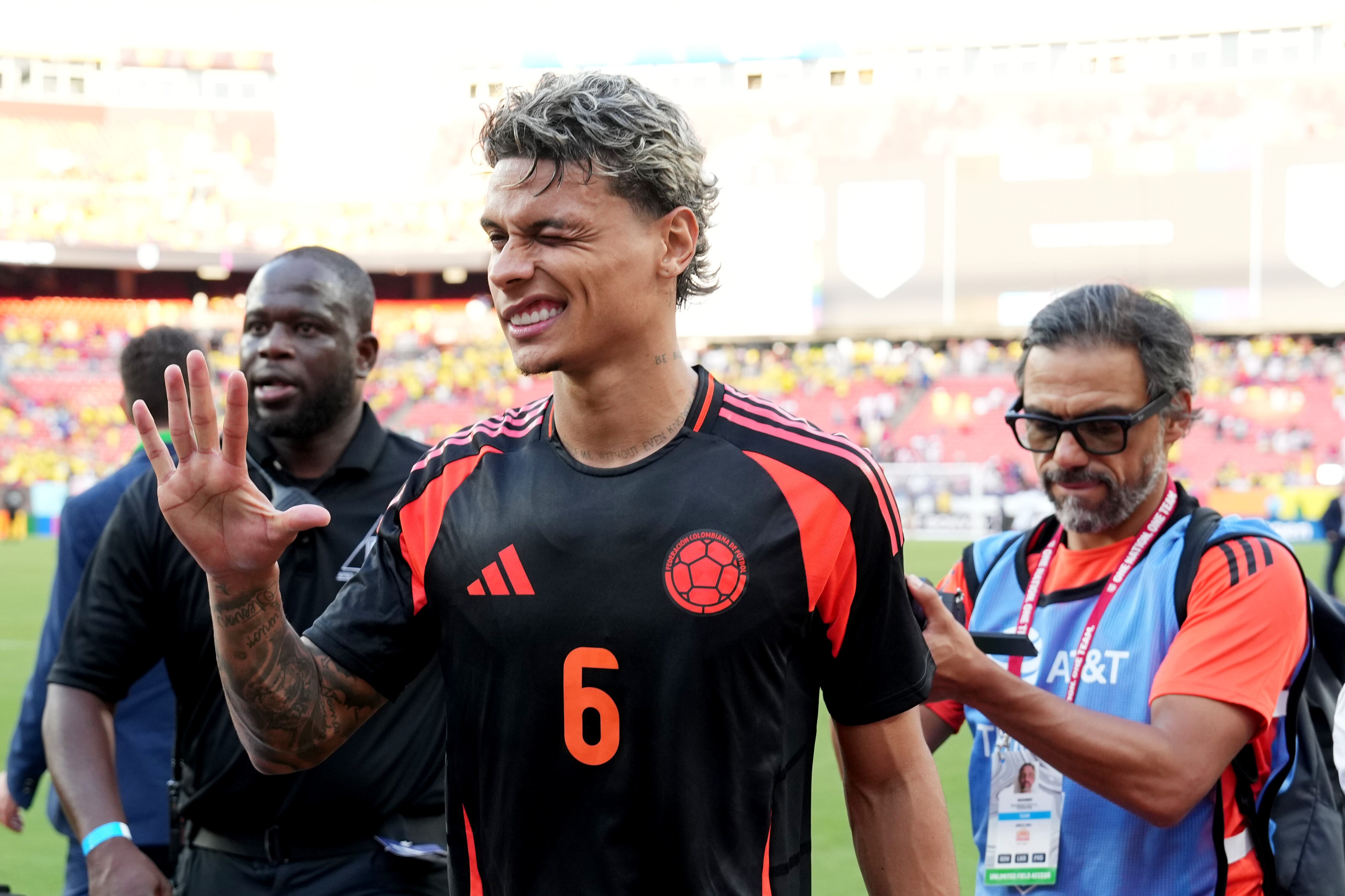 LANDOVER, MARYLAND - JUNE 08: Richard Ríos #6 of Colombia celebrates after playing the United States at Commanders Field on June 08, 2024 in Landover, Maryland. (Photo by Brad Smith/ISI Photos/USSF/Getty Images)