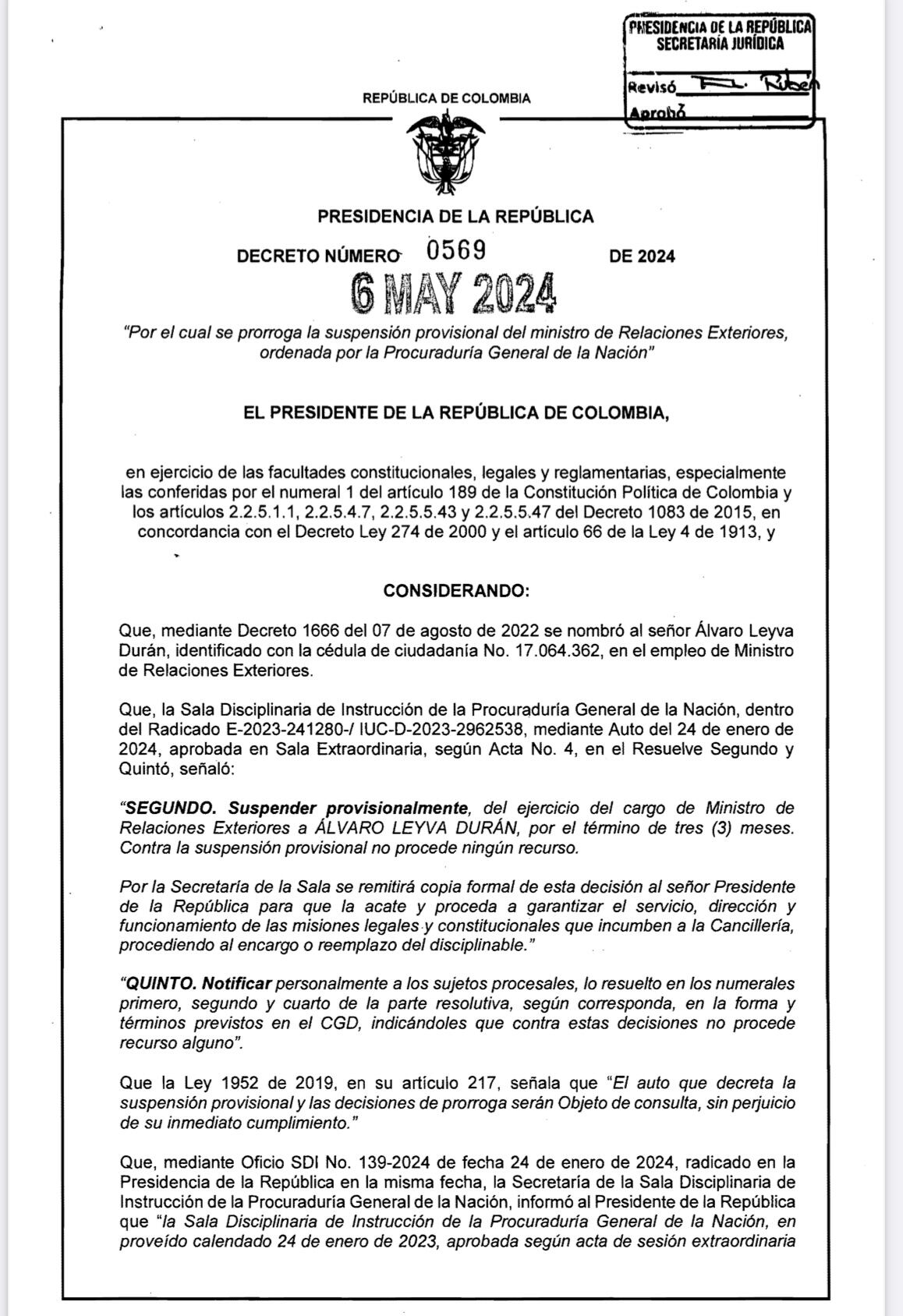 Decreto prórroga designación Luis Gilberto Murillo