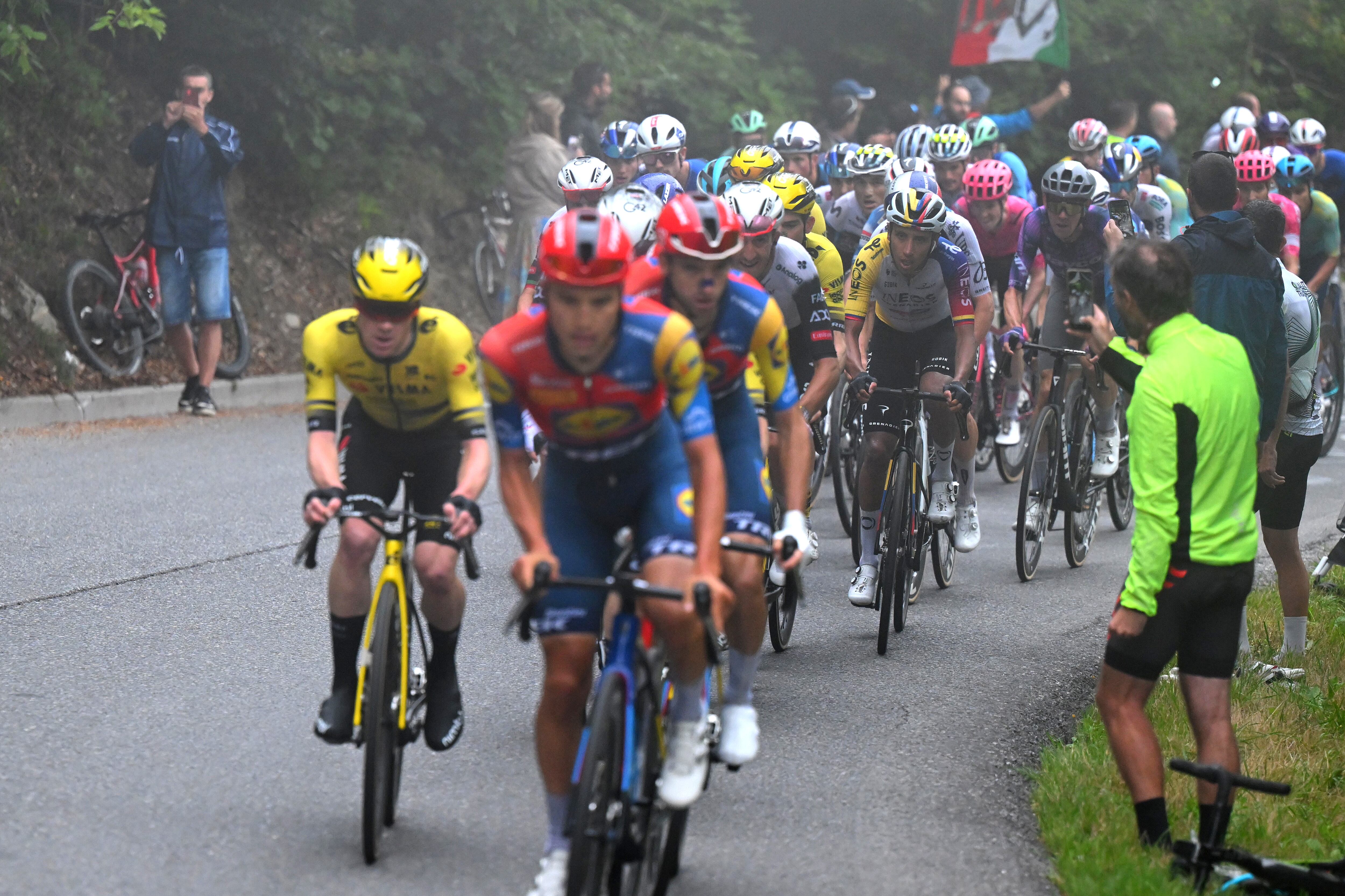 LIMONE PIEMONTE, ITALY - AUGUST 24: Egan Bernal of Colombia and Team INEOS Grenadiers competes during the La Vuelta - 80th Tour of Spain 2025, Stage 2 a 159.5km stage from Alba to Limone Piemonte 1389m / #UCIWT / on August 24, 2025 in Limone Piemonte, Italy. (Photo by Tim de Waele/Getty Images)
