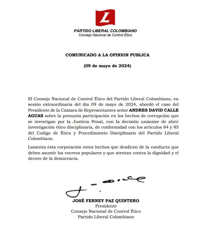 Partido Liberal abre investigación ético-disciplinaria a Andrés Calle, presidente de la Cámara, tras denuncias de corrupción
