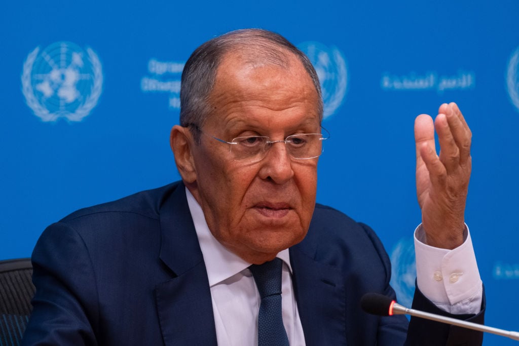 NEW YORK, NEW YORK - JULY 17: Sergey Lavrov, Minister for Foreign Affairs of the Russian Federation, holds a press briefing at the United Nations headquarters on July 17, 2024 in New York City. The Security Council met to discuss the situation in the Middle East, including the Palestinian question. (Photo by Adam Gray/Getty Images)