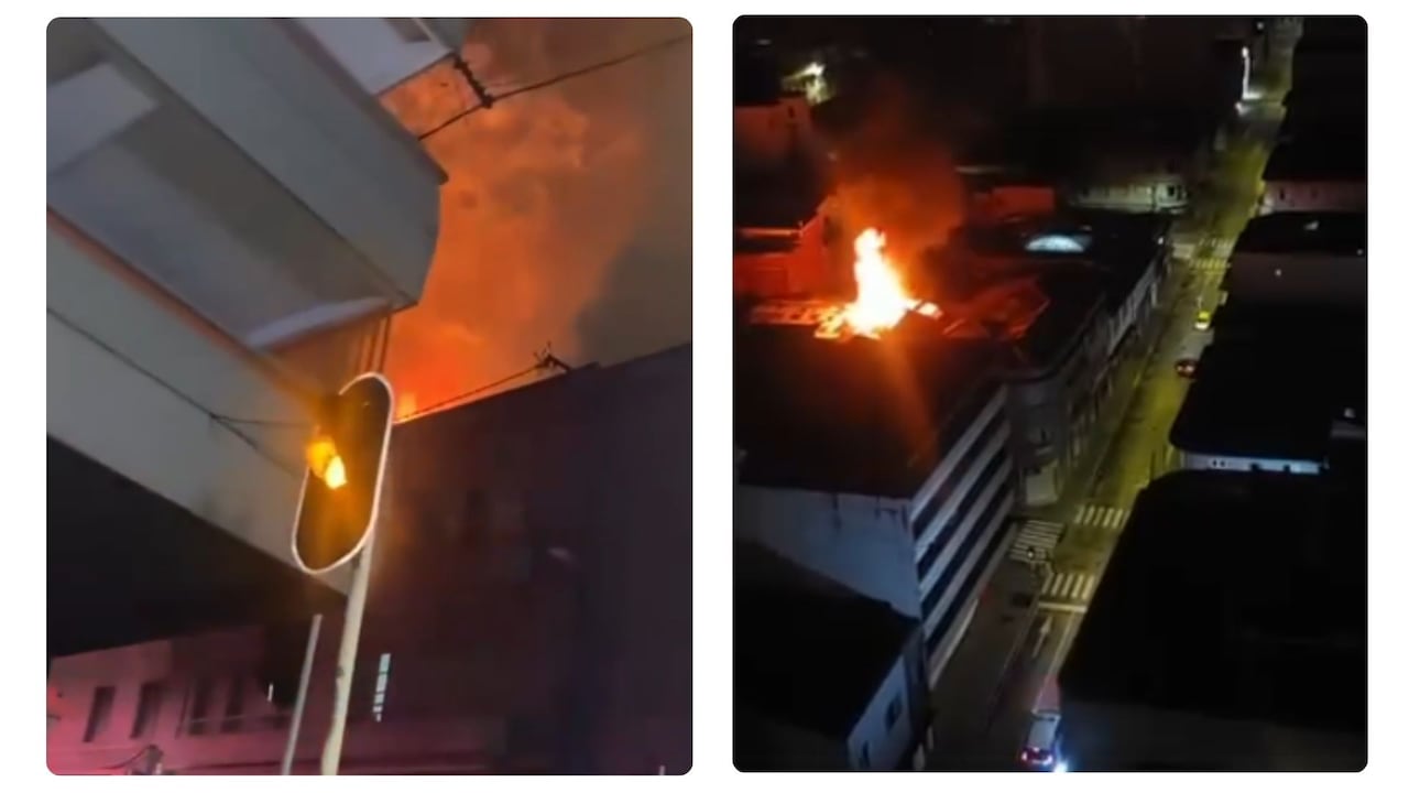 Incendio estructural registrado este lunes en el centro de Manizales, donde las autoridades mantienen restricciones de movilidad para atender la emergencia.