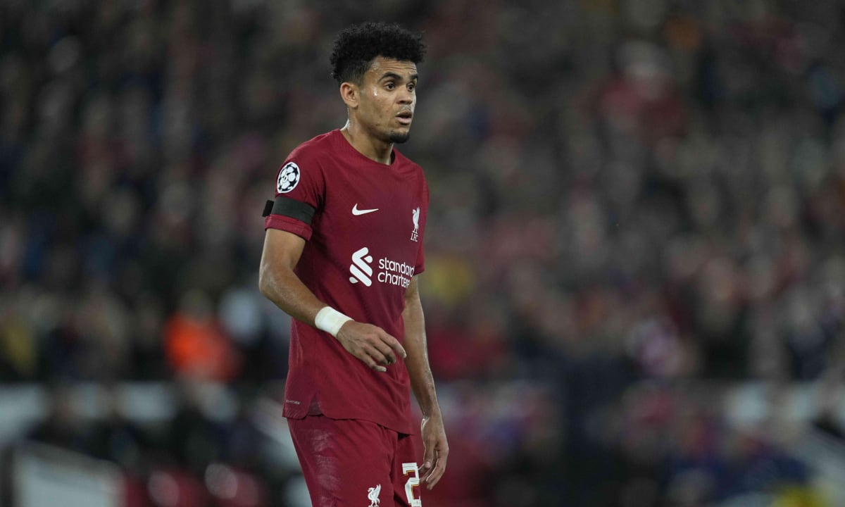 LIVERPOOL, ENGLAND - OCTOBER 04: Luis Diaz of Liverpool FC looks on during the UEFA Champions League group A match between Liverpool FC and Rangers FC at Anfield on October 4, 2022 in Liverpool, United Kingdom. (Photo by Getty Images/Ulrik Pedersen/DeFodi Images)