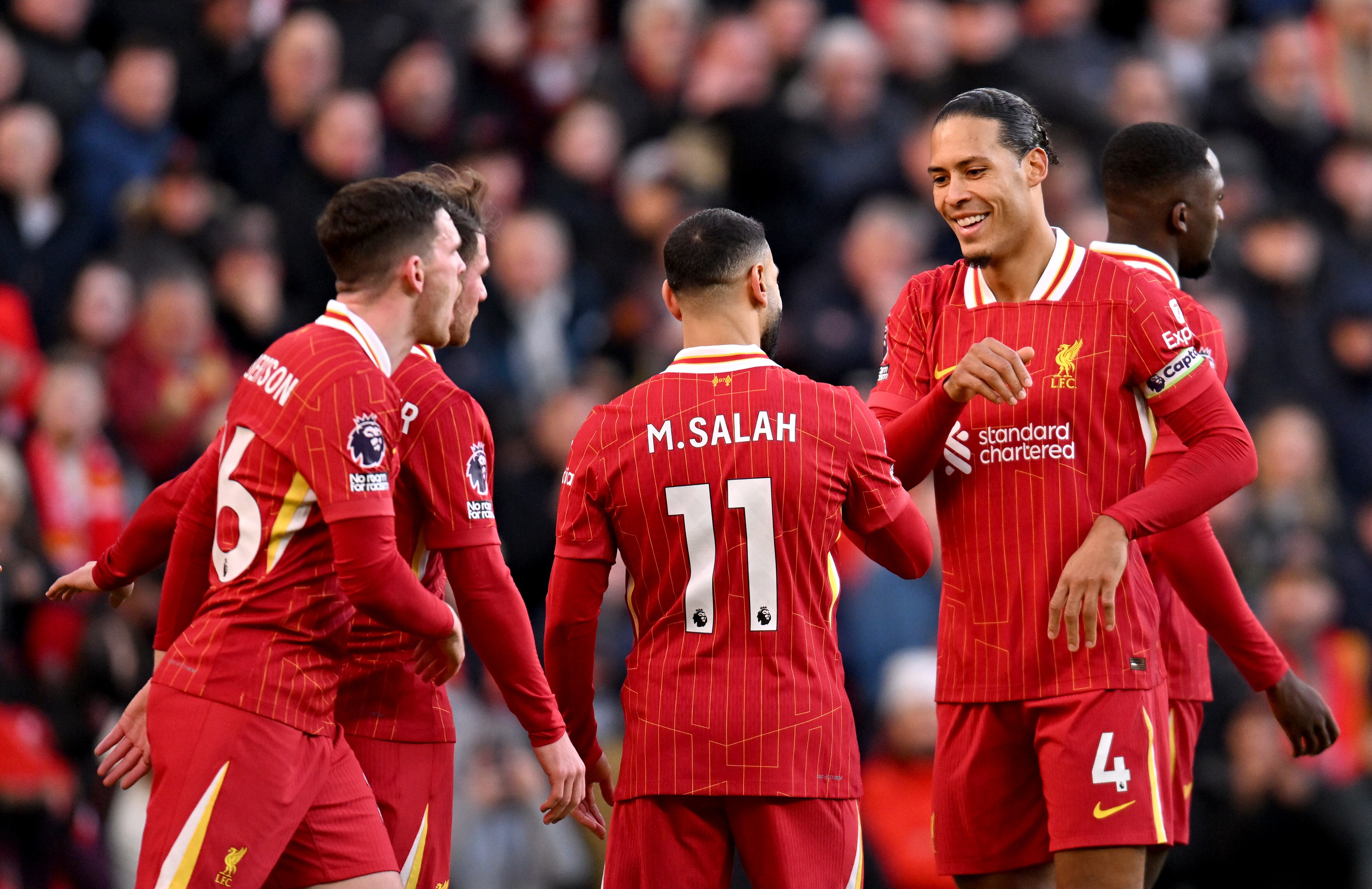 LIVERPOOL, ENGLAND - JANUARY 25: (THE SUN OUT, THE SUN ON SUNDAY OUT) Mohamed Salah celebrates scoring his team's second goal with Virgil van Dijk of Liverpool during the Premier League match between Liverpool FC and Ipswich Town FC at Anfield on January 25, 2025 in Liverpool, England. (Photo by Liverpool FC/Liverpool FC via Getty Images)
