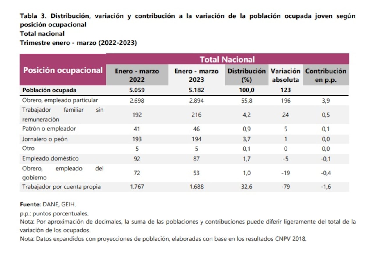Posición ocupacional de los jóvenes en el primer trimestre del 2023.