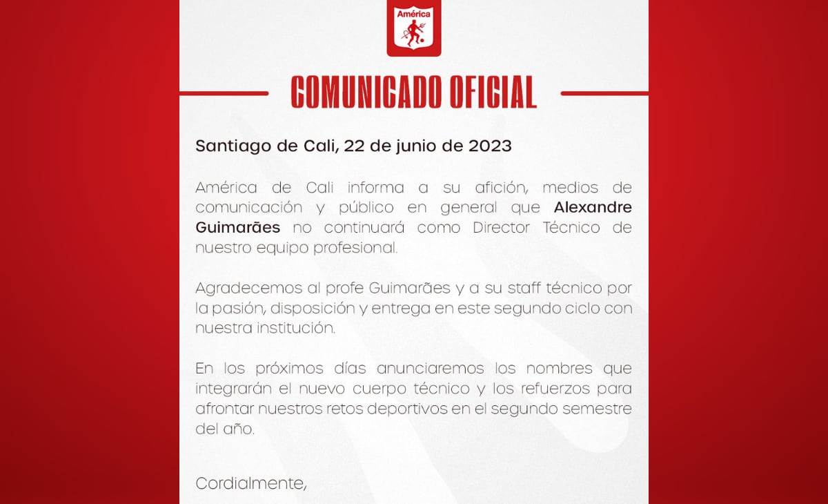 Comunicado oficial sobre la salida de Guimaraes.