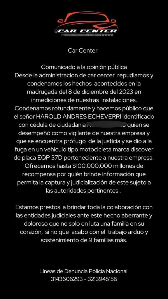 Comunicado Car Center.