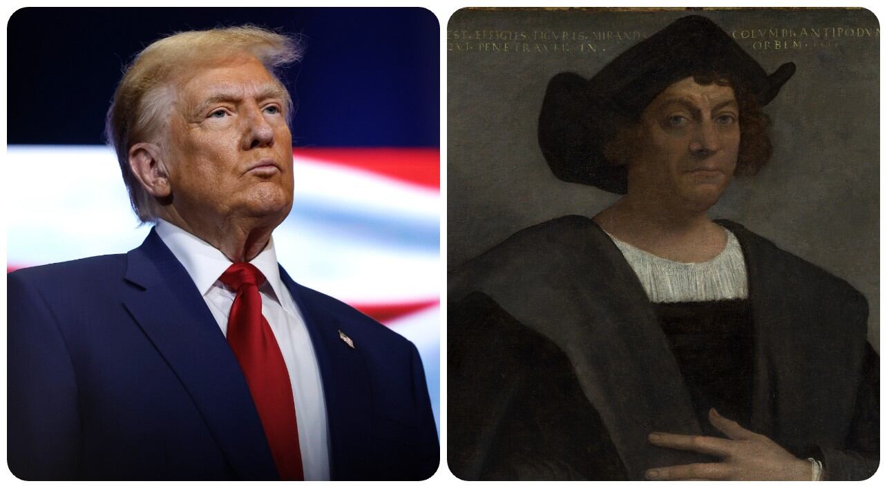 Donald Trump junto a un retrato de Cristóbal Colón