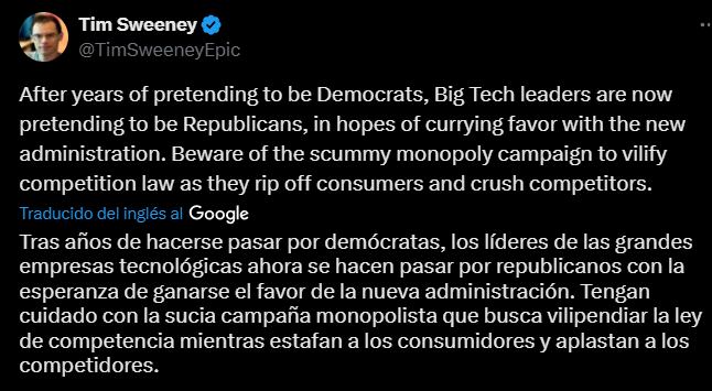 Tim Sweeney acusó a los líderes tecnológicos de cambiar de bando político para evitar sanciones antimonopolio y fortalecer su poder en el mercado.