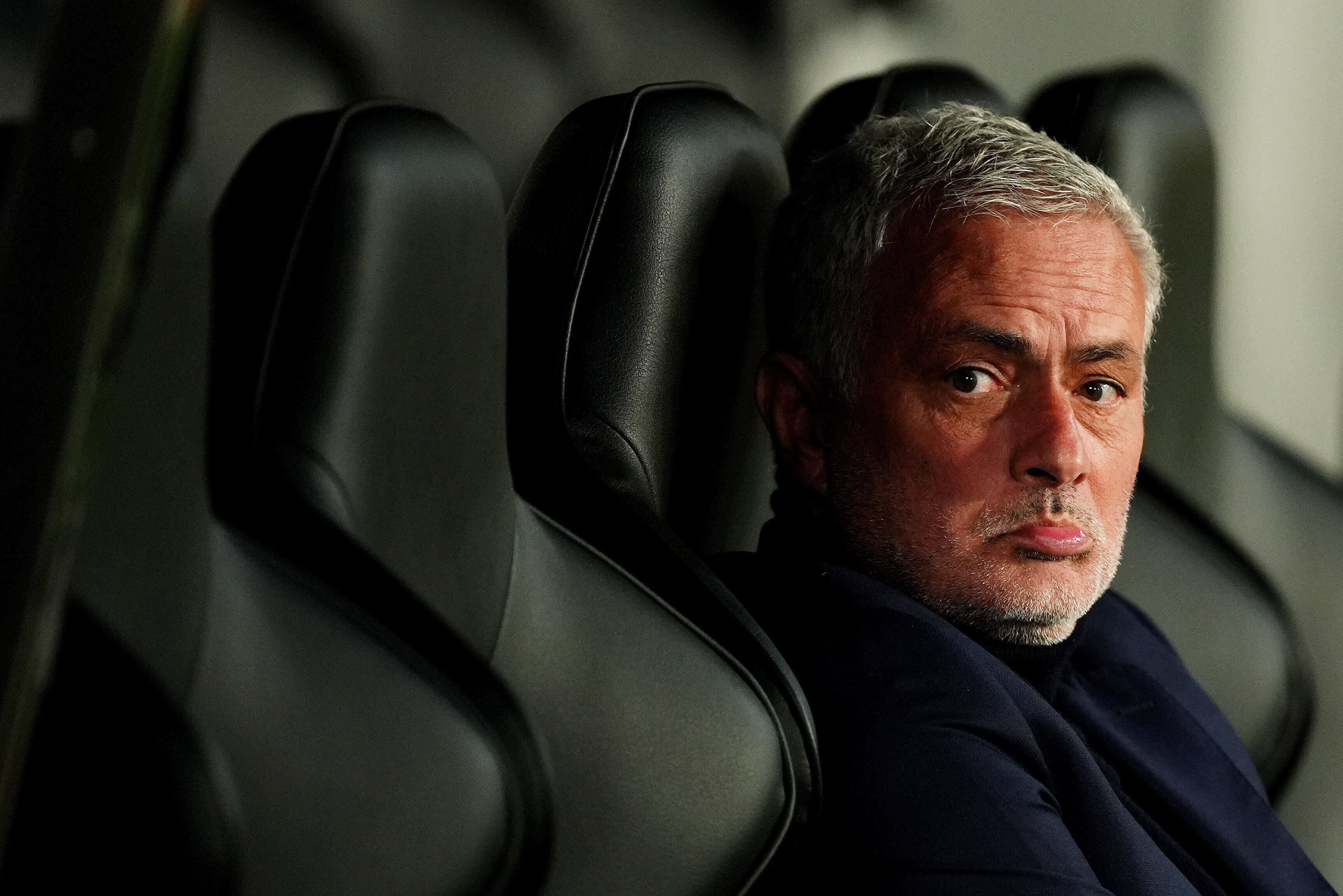 Benfica manager Jose Mourinho looks on ahead of the UEFA Champions League match between Benfica and Newcastle, in Newcastle-upon-Tyne, England, Tuesday Oct. 21, 2025. (Mike Egerton/PA via AP)