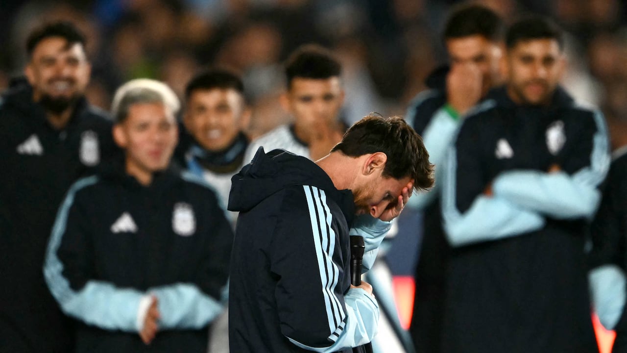 Argentina's forward #10 Lionel Messi gestures as he speaks following the international friendly football match between Argentina and Benin at the Mas Monumental stadium in Buenos Aires on October 6, 2026. (Photo by Luis ROBAYO / AFP)