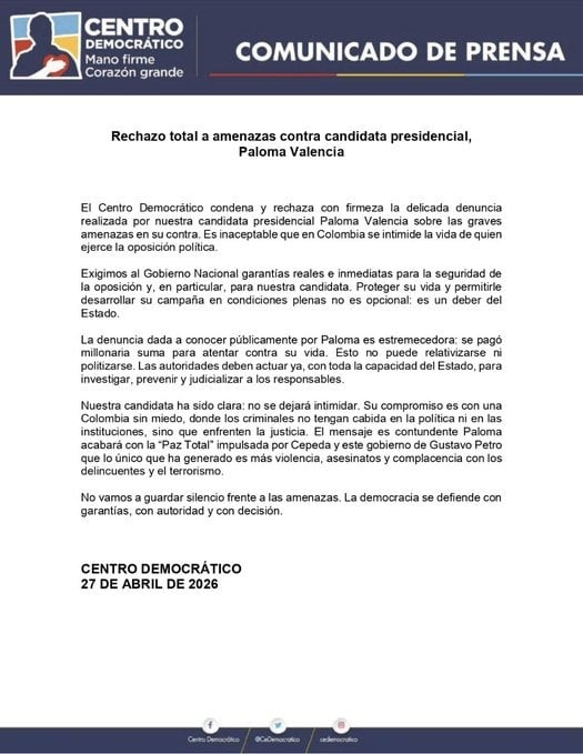 El partido condenó y rechazó con firmeza la delicada denuncia realizada por su candidata presidencial Paloma Valencia.