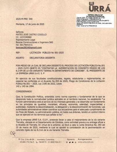 Documento Urrá declatoria desierta