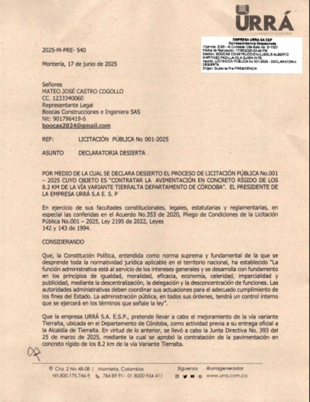 Documento Urrá declatoria desierta