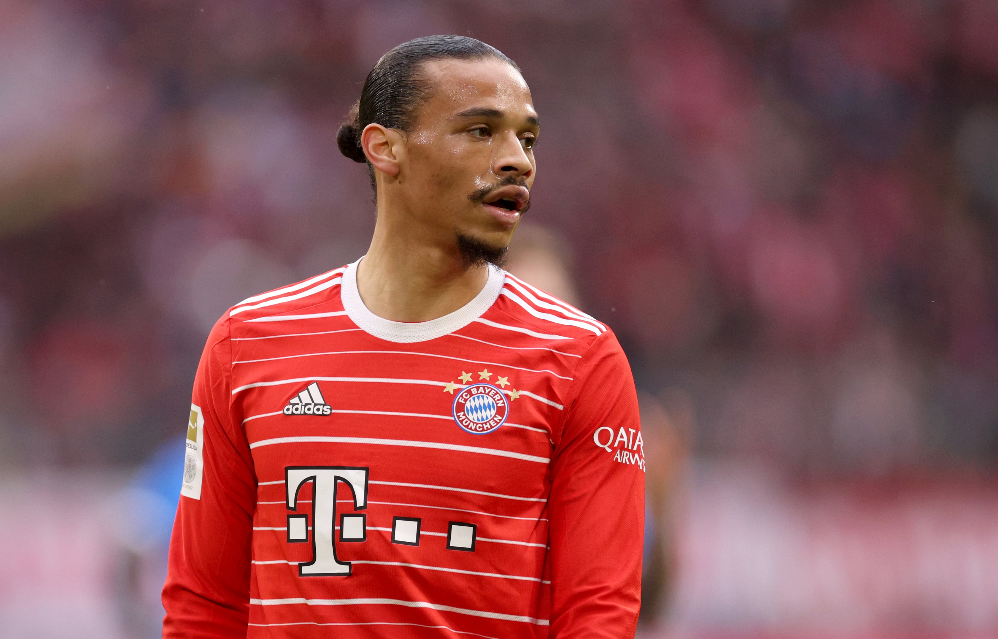 MUNICH, GERMANY - APRIL 15: Leroy Sane of FC Bayern Munich looks on during the Bundesliga match between FC Bayern München and TSG Hoffenheim at Allianz Arena on April 15, 2023 in Munich, Germany. (Photo by Adam Pretty/Getty Images)
