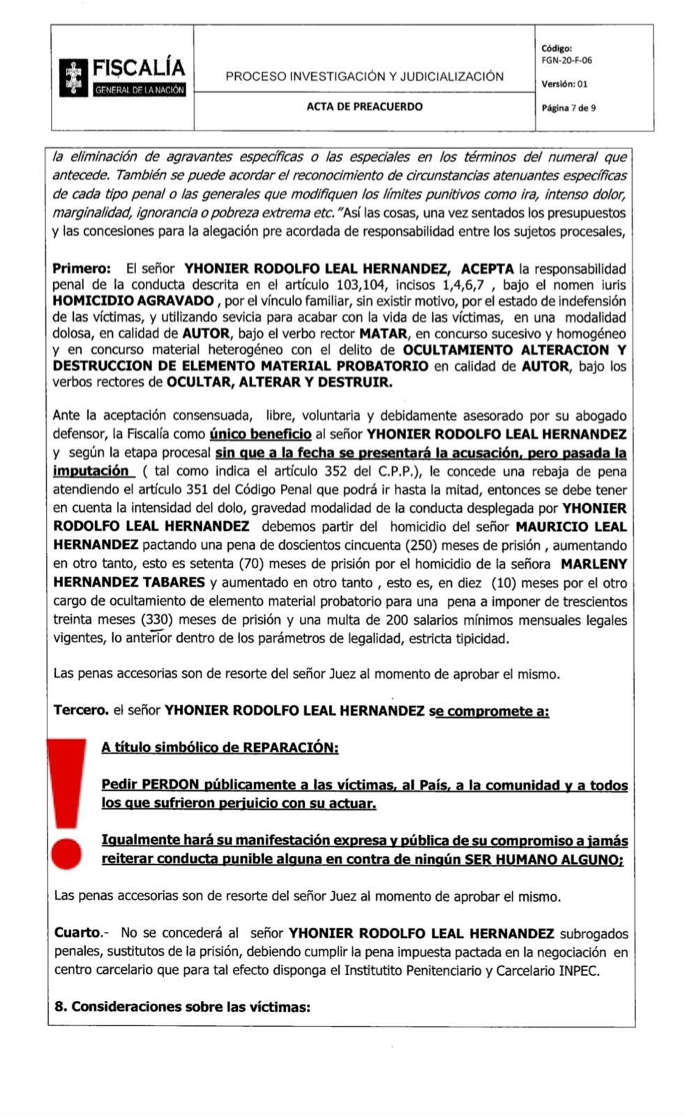 SEMANA conoció el acuerdo que redactó la Fiscalía para fijar una condeaa contra el confeso asesino de Mauricio Leal y Marleny Hernández.