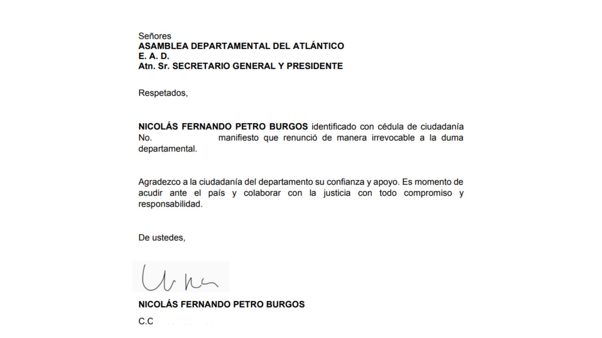 Carta de renuncia de Nicolás Petro a la Asamblea del Atlántico.