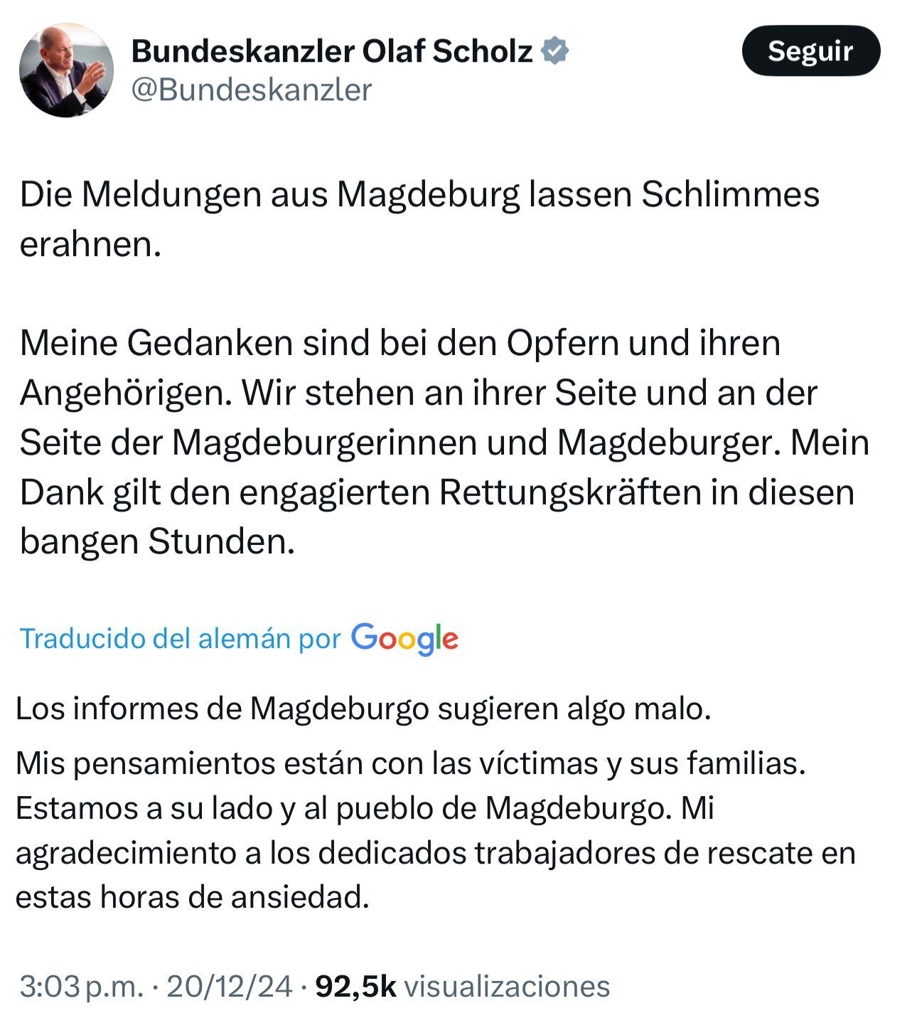 Mensaje enviado por Scholz en su cuenta de X