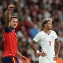 Spain's Mikel Oyarzabal, left celebrates after scoring his sides third goal during the Nations League Soccer match between England and Spain in London, Saturday, Sept. 26, 2026. (AP Photo/Ian Walton)