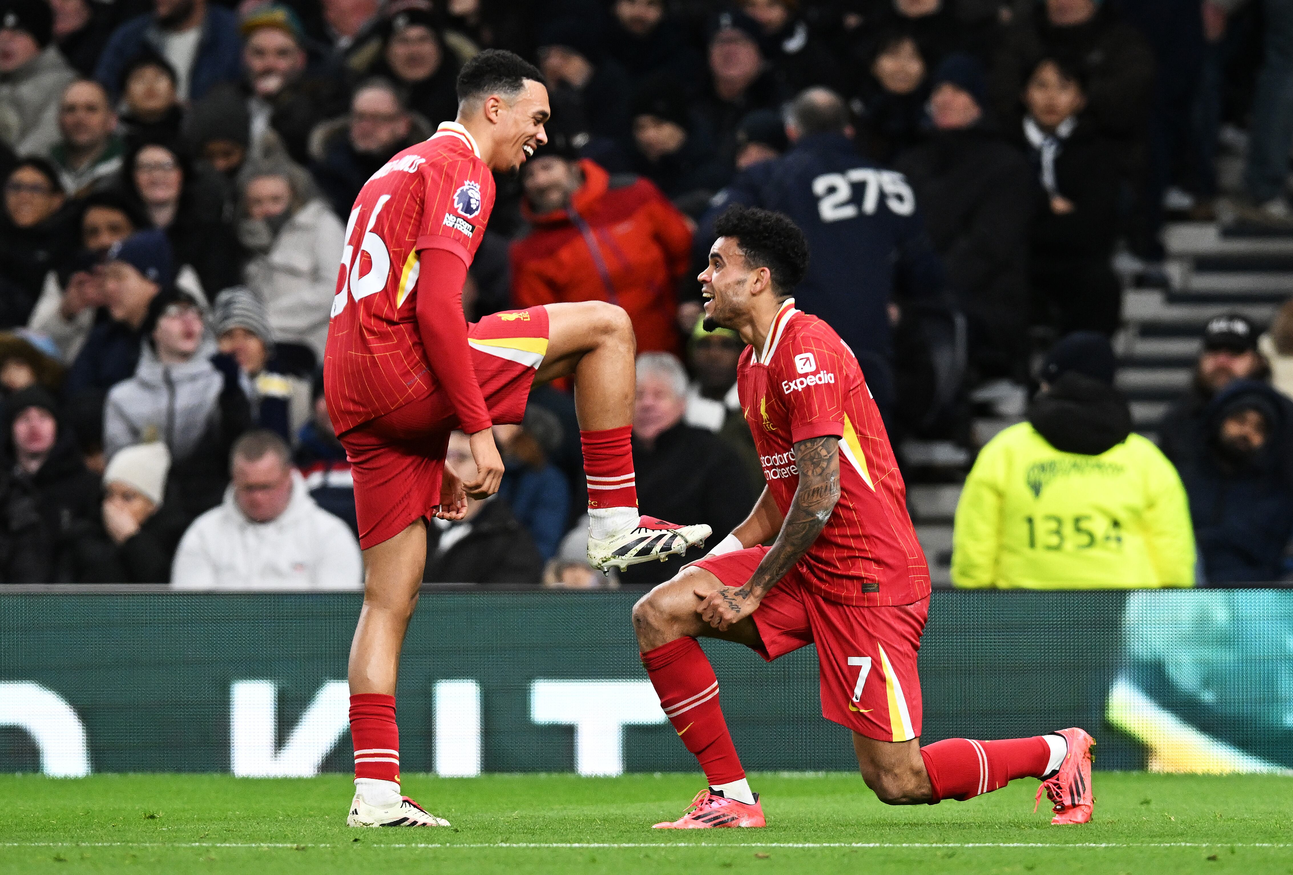 LONDON, ENGLAND - DECEMBER 22: (THE SUN OUT, THE SUN ON SUNDAY OUT) Luis Diaz of Liverpool celebrates scoring his team's first goal with teammate Trent Alexander-Arnold of Liverpool during the Premier League match between Tottenham Hotspur FC and Liverpool FC at Tottenham Hotspur Stadium on December 22, 2024 in London, England. (Photo by Liverpool FC/Liverpool FC via Getty Images)