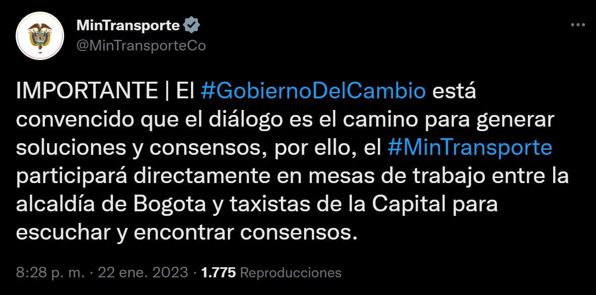 Anuncio MinTransporte sobre taxistas.