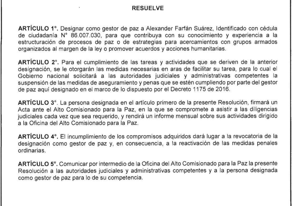 Resolución gestor de Paz alias Gafas