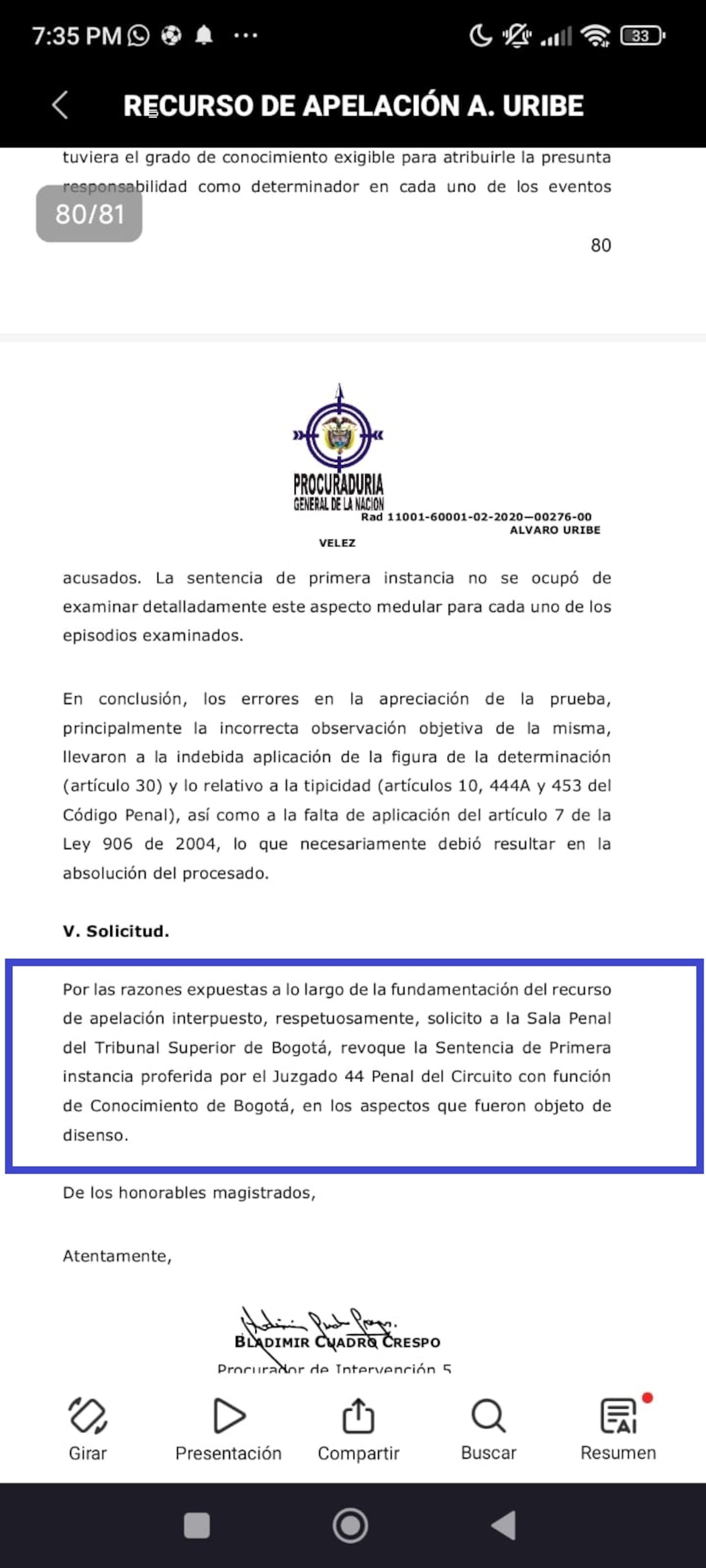 Procuraduría pide tumbar la condena contra el expresidente Álvaro Uribe Vélez.