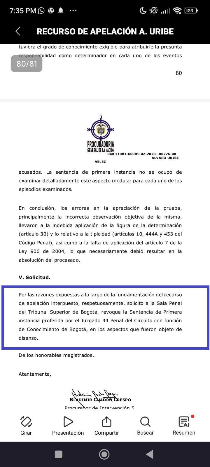 Procuraduría pide tumbar la condena contra el expresidente Álvaro Uribe Vélez.