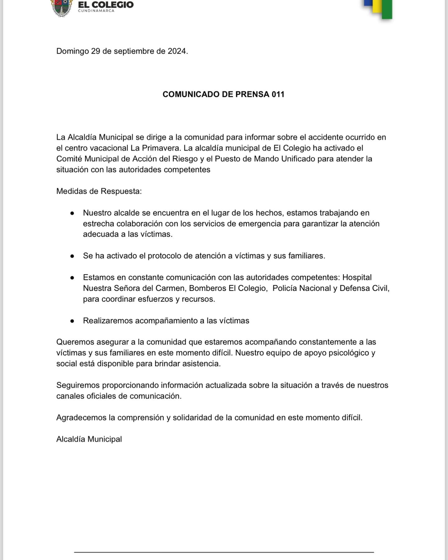 Alcaldía de El Colegio se pronuncia sobre emergencia por explosión de caldera en un centro recreativo.