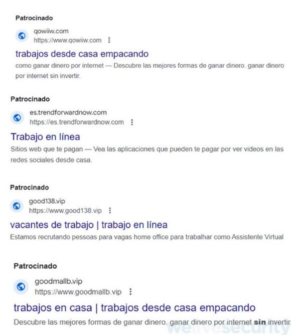 Resultados de búsqueda en Google patrocinados que llevan a estafas de trabajos falsos.