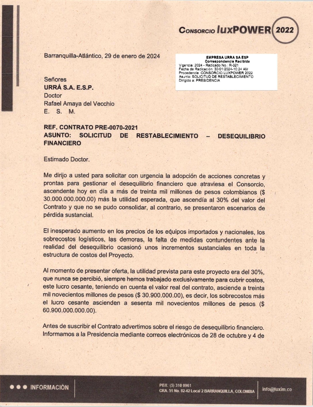 Exigencias de Luxpower a Urrá.