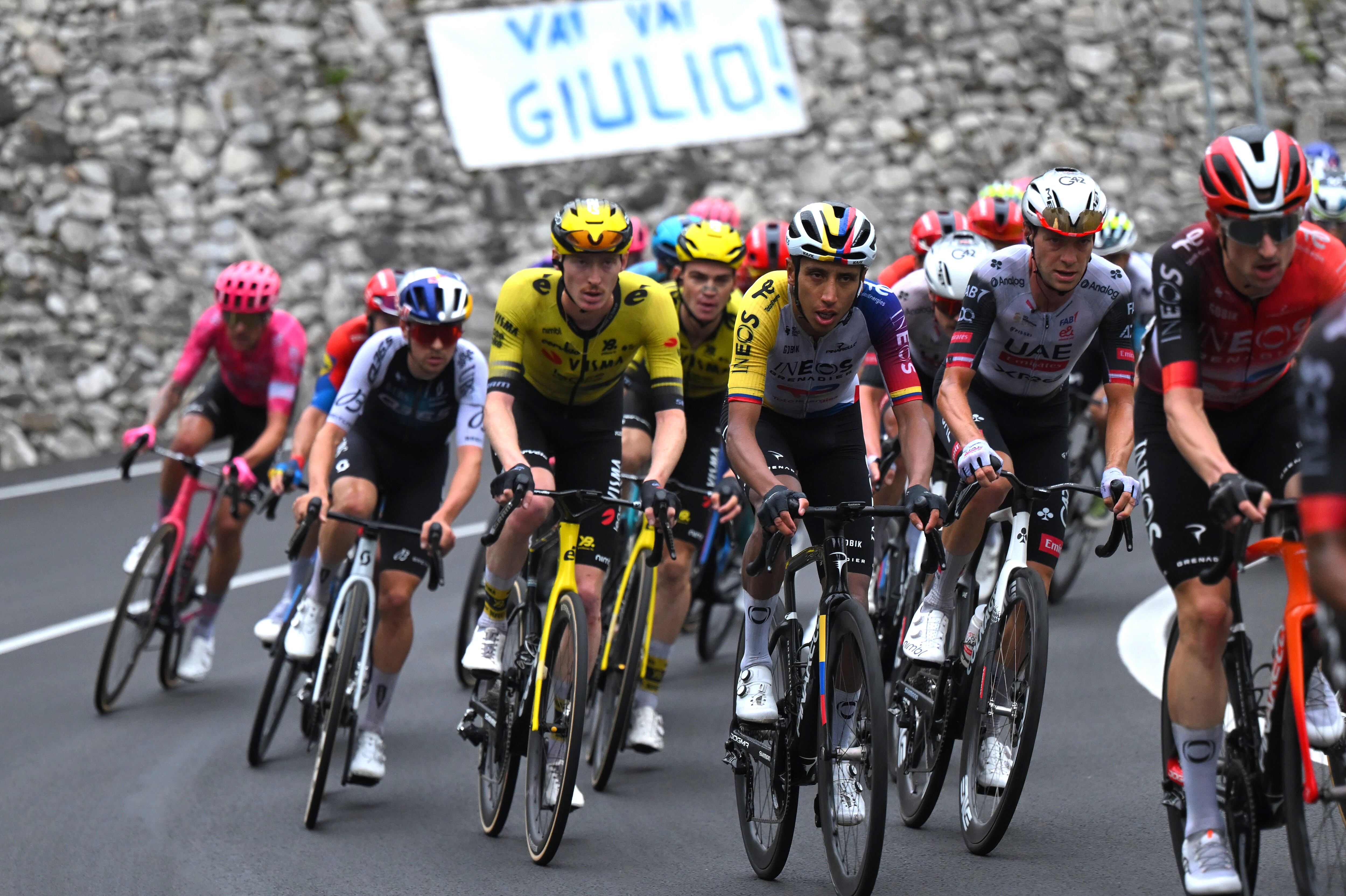 LIMONE PIEMONTE, ITALY - AUGUST 24: (L-R) Thomas Pidcock of Great Britain and Team Q36.5 Pro Cycling, Matteo Jorgenson of The United States and Team Visma | Lease a Bike, Egan Bernal of Colombia and Team INEOS Grenadiers compete during the La Vuelta - 80th Tour of Spain 2025, Stage 2 a 159.5km stage from Alba to Limone Piemonte 1389m / #UCIWT / on August 24, 2025 in Limone Piemonte, Italy. (Photo by Tim de Waele/Getty Images)