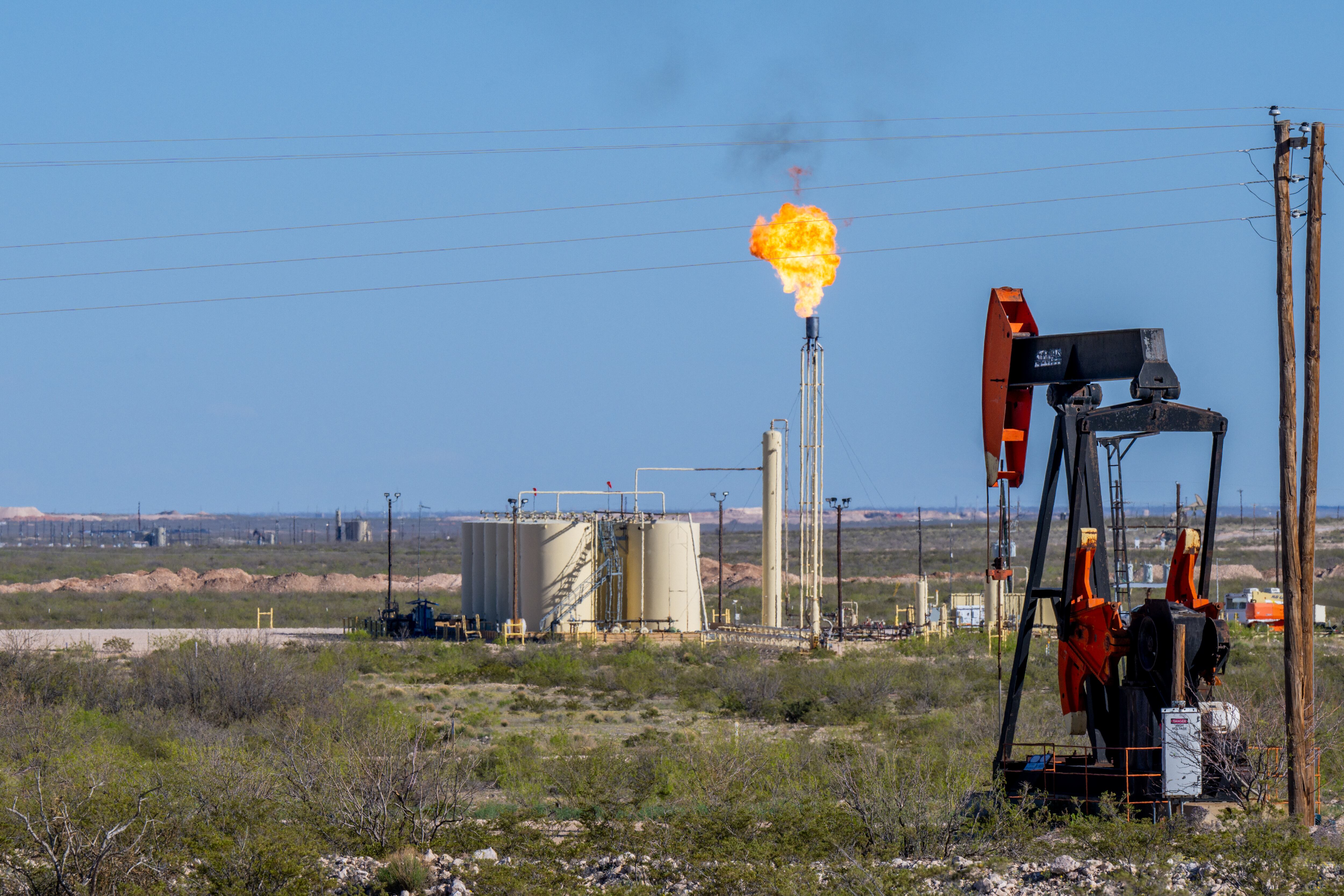 MONAHANS, TEXAS - MARCH 27: An oil pumpjack is shown near the Callon Petroleum vicinity on March 27, 2024 in Monahans, Texas. Employment in Texas has reached record highs, with the oil- and gas-producing Permian Basin, which covers a large swathe of west Texas, leading the way. Permian Basin towns of Midland and Odessa notched 2.6 and 3.5 percent unemployment respectively, according to the report touted earlier this month by Gov. Gregg Abbott. (Photo by Brandon Bell/Getty Images)