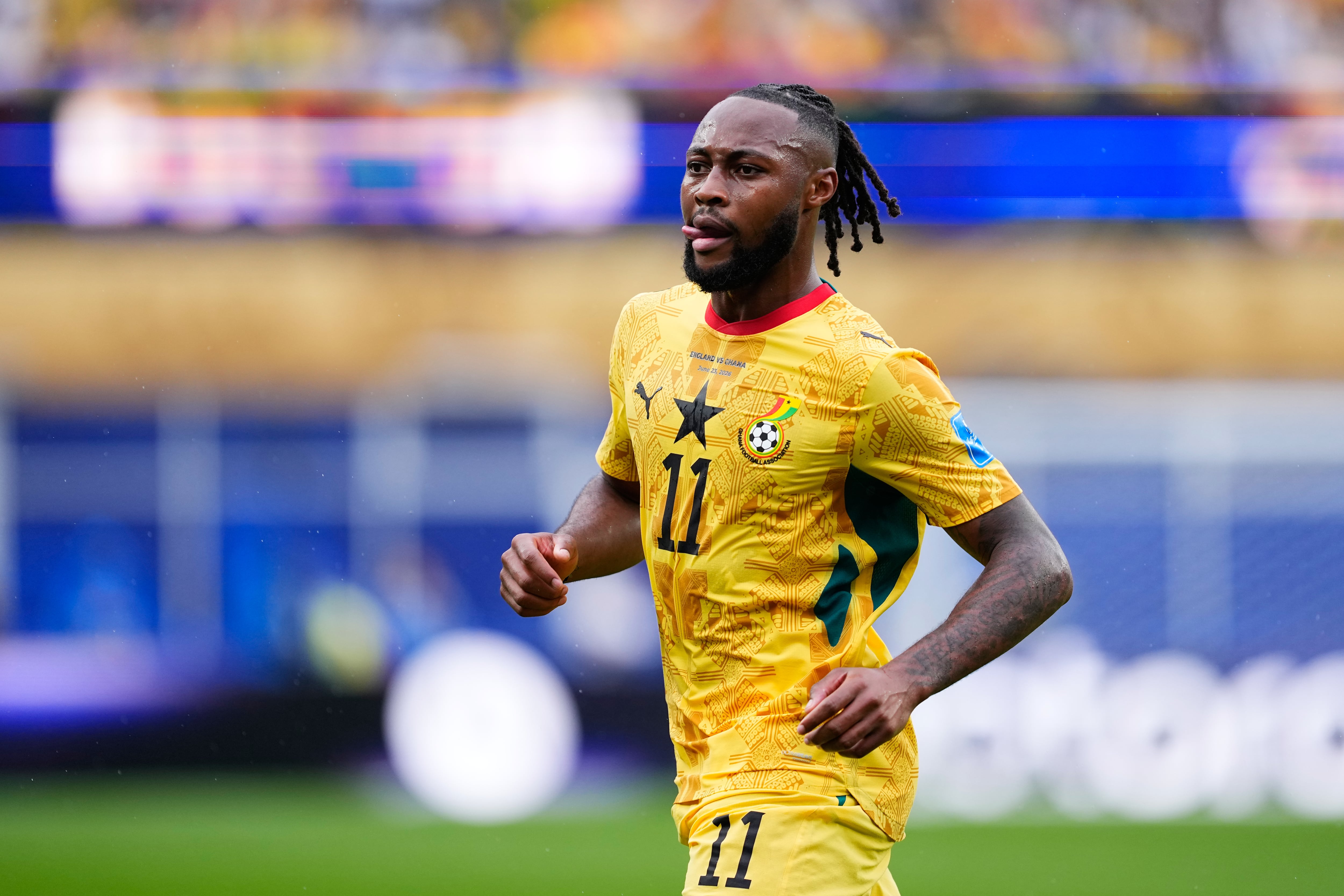 Ghana's Antoine Semenyo (11) reacts during the World Cup Group L soccer match between England and Ghana in Foxborough, Mass., near Boston, Tuesday, June 23, 2026. (AP Photo/Petr David Josek)