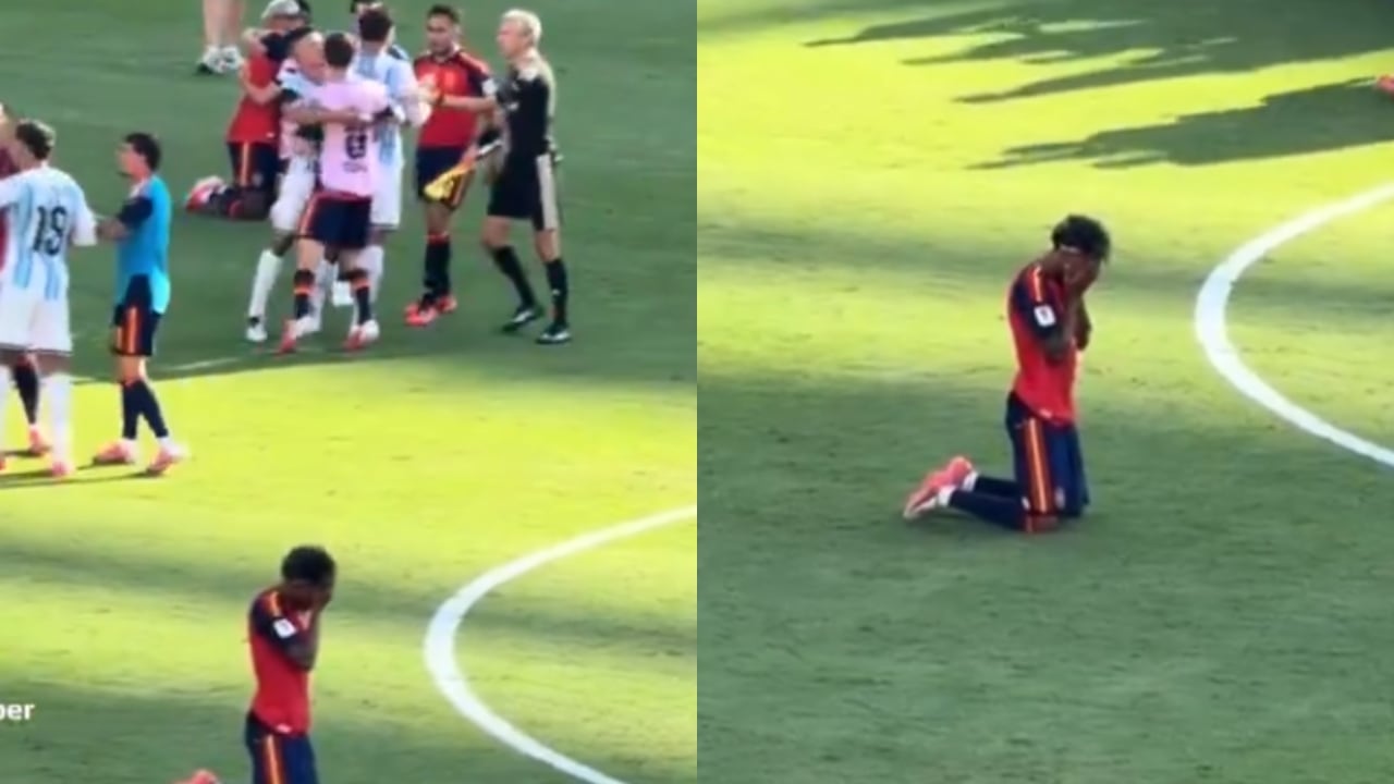 Lamine Yamal durante la pelea tras el pitazo final del Mundial.