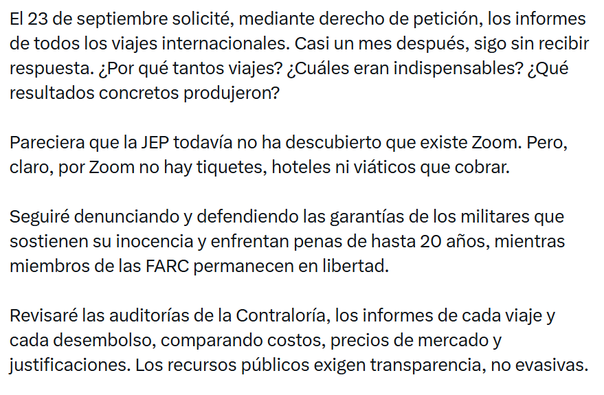 Mensaje de la senadora María Clara Posada en su cuenta de X.